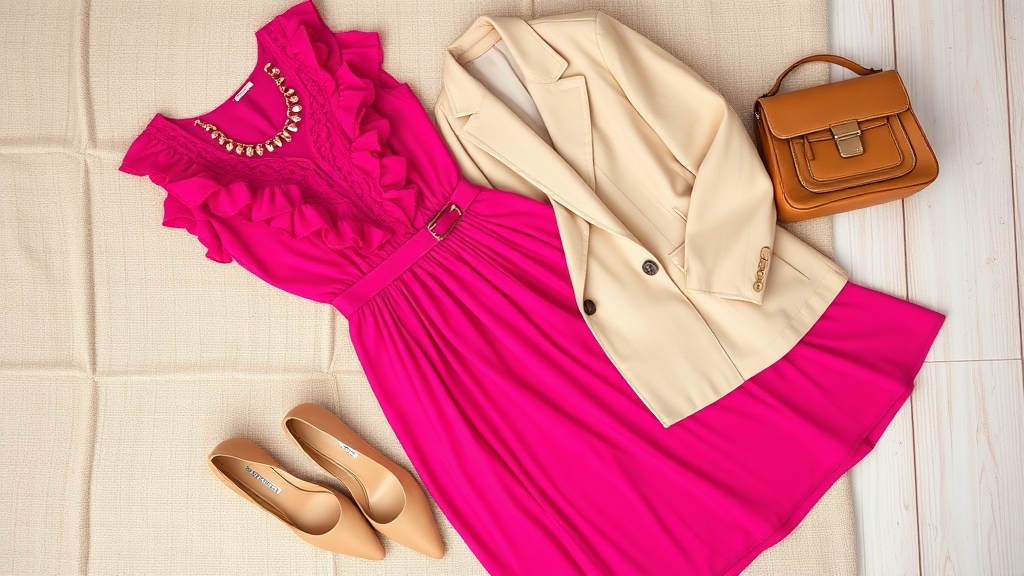 beżowe odcienie uzupełniają fuksjową sukienkę