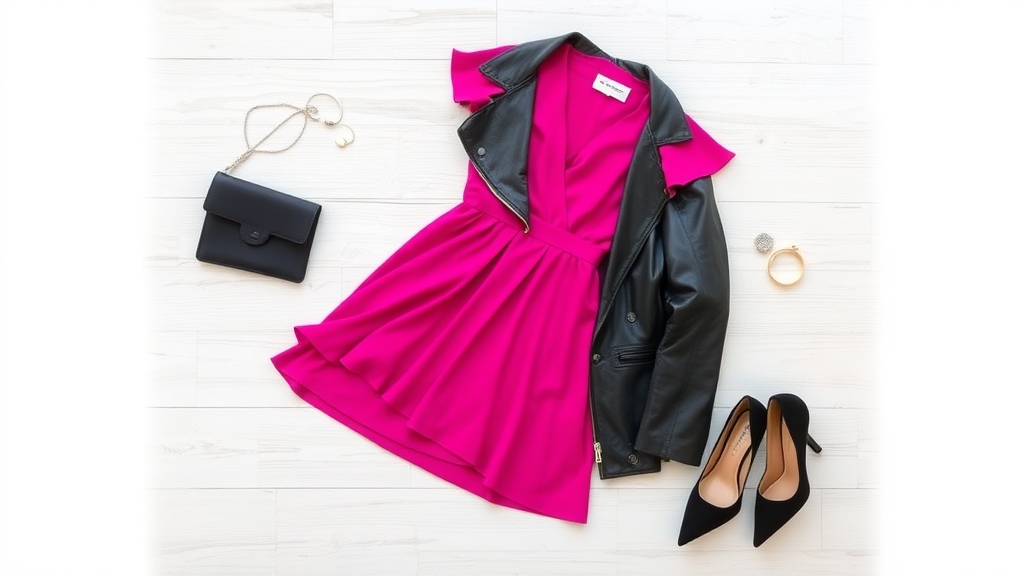 fuksjowa sukienka czarna skórzana kurtka