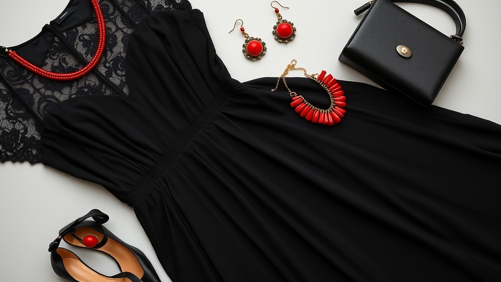 czerwona biżuteria podkreśla czarną sukienkę
